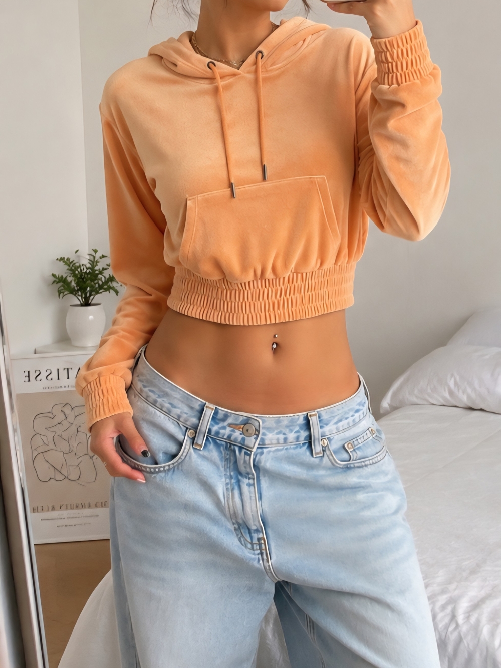 Cropped Peach Hooded Velour Sweatshirt - Women's Casual Pullover